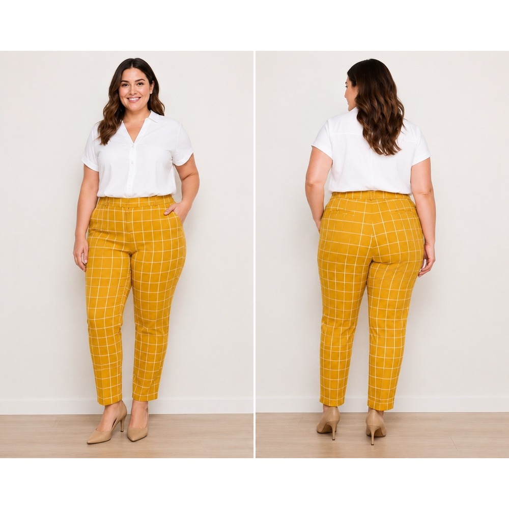 A New Day Mustard Yellow Plaid High Rise Skinny Ankle Pants 14 Plus Windowpane